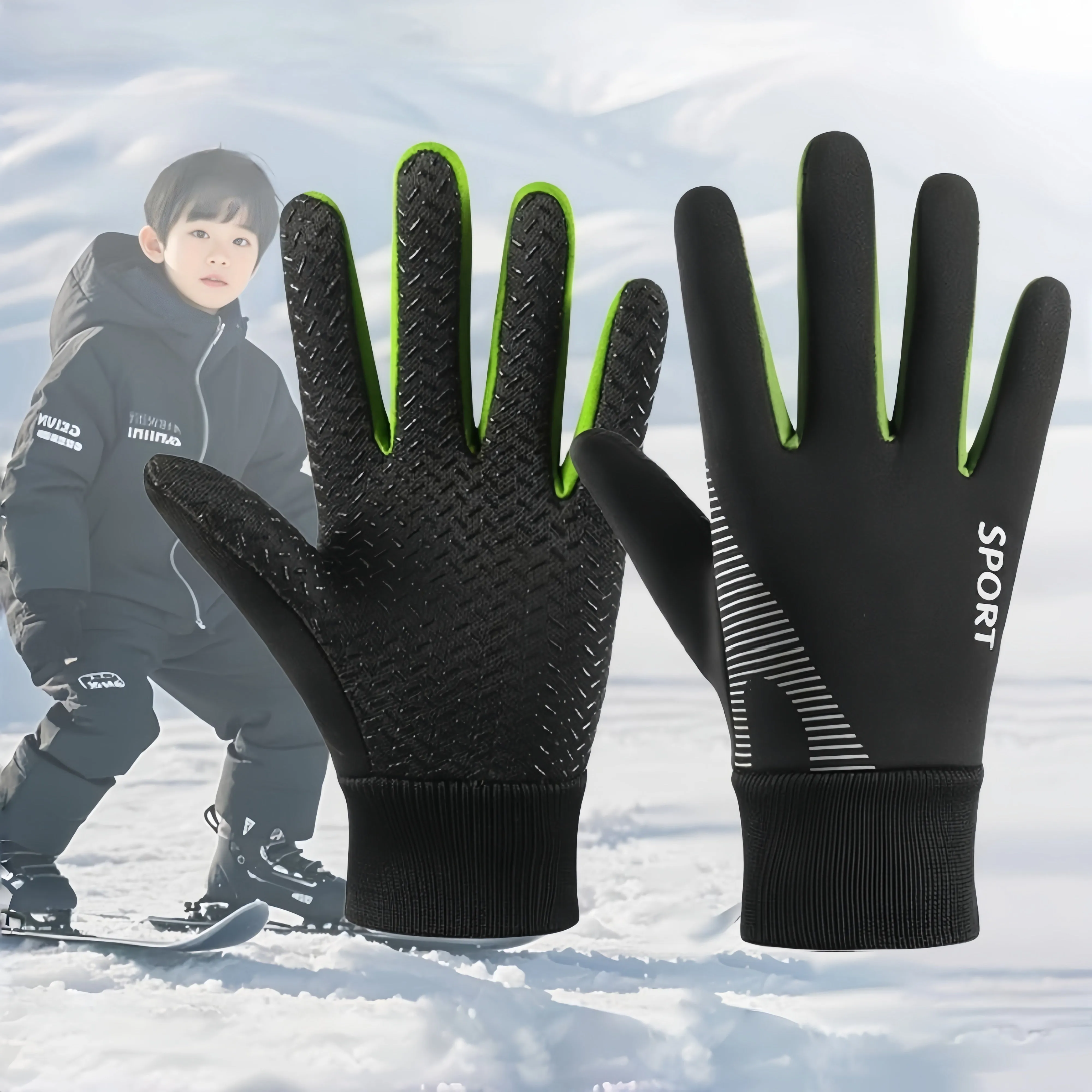 1pc Kids Winter Thickened Ski Gloves, Unisex Warm Snow Gloves for Boys & Girls, Non-Slip Grip, Washable Knitted Fabric, Polyester, for Outdoor Snow Play, Suitable for 4-8 Years, Thanksgiving & Christmas Season