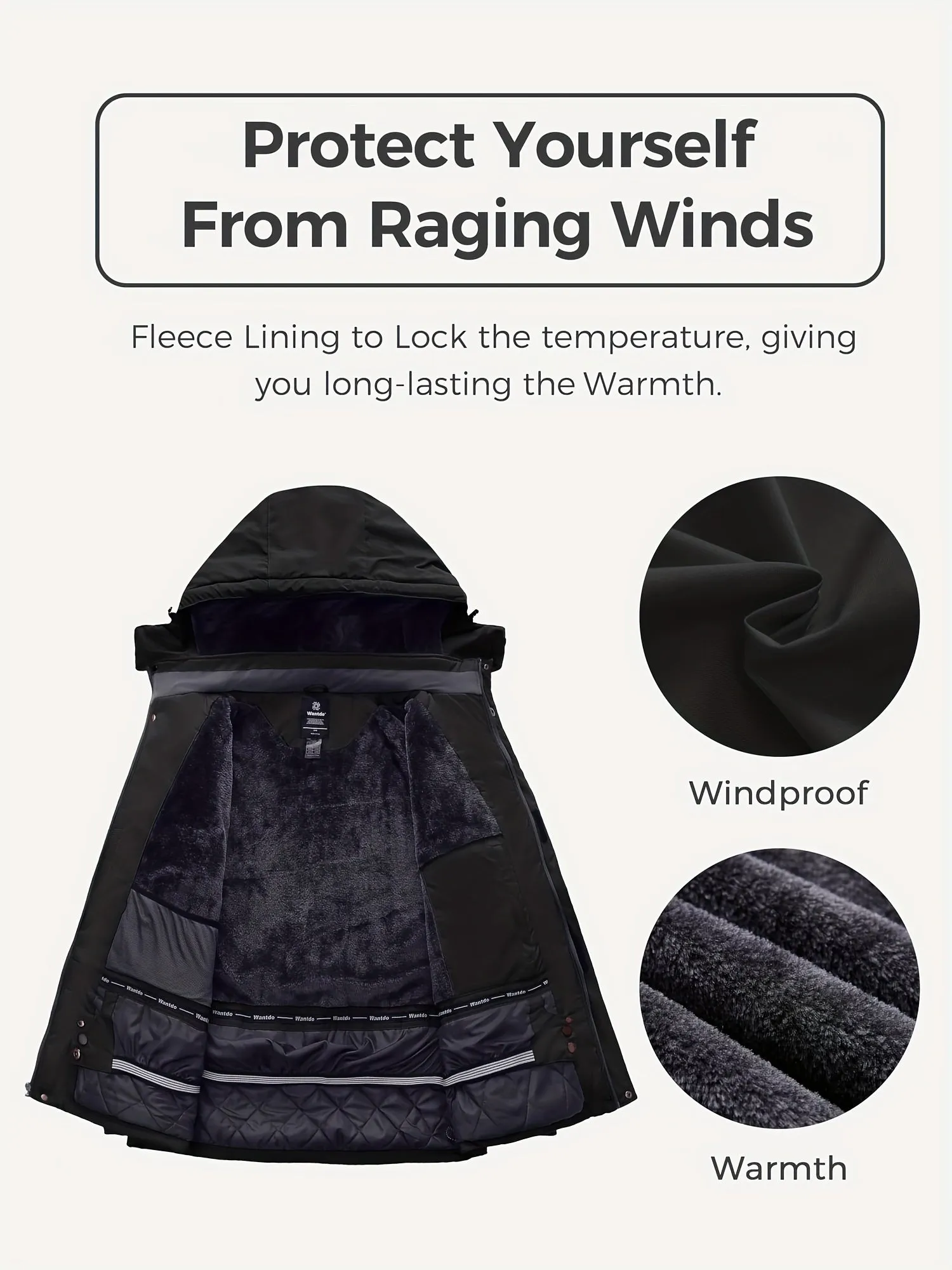 1pc Wantdo Men'S Plus Size Casual Outdoor Ski Parka - Winter Warm Fleece-Lined Waterproof Jacket with Removable Hood, Multi-Pocket Windbreaker, Polyester Zip-Up Oversized Coat
