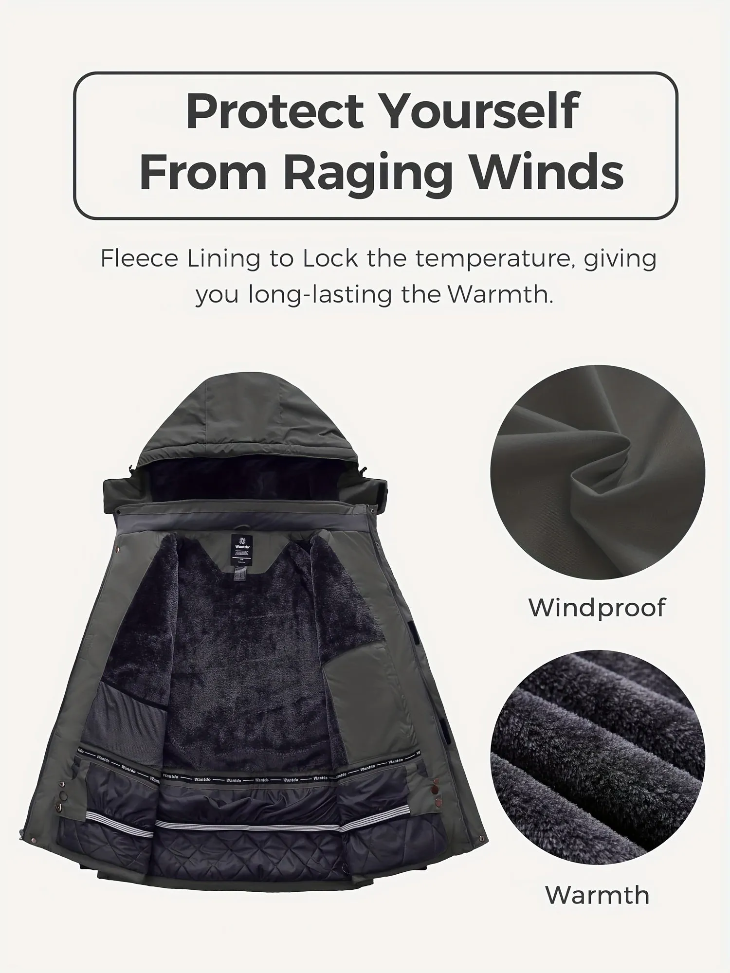 1pc Wantdo Men'S Plus Size Casual Outdoor Ski Parka - Winter Warm Fleece-Lined Waterproof Jacket with Removable Hood, Multi-Pocket Windbreaker, Polyester Zip-Up Oversized Coat