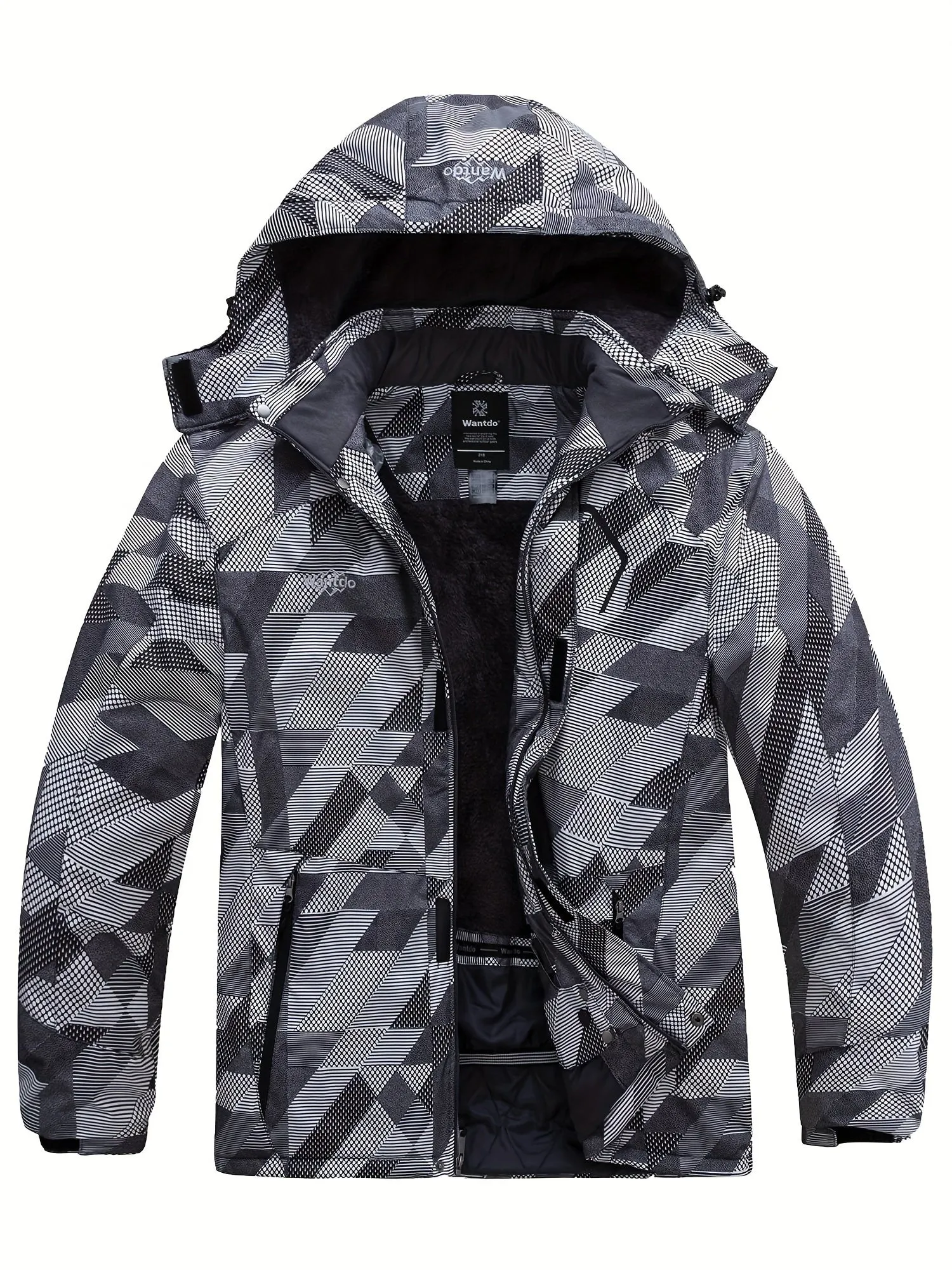 1pc Wantdo Men'S Plus Size Casual Outdoor Ski Parka - Winter Warm Fleece-Lined Waterproof Jacket with Removable Hood, Multi-Pocket Windbreaker, Polyester Zip-Up Oversized Coat