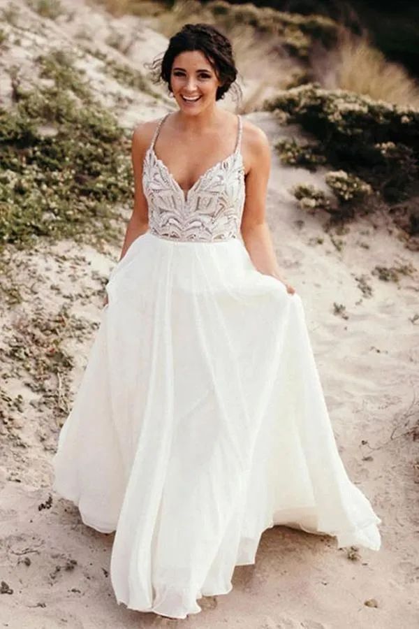 A-Line Spaghetti Straps Neckline Beach Wedding Dresses With Beaded TN269