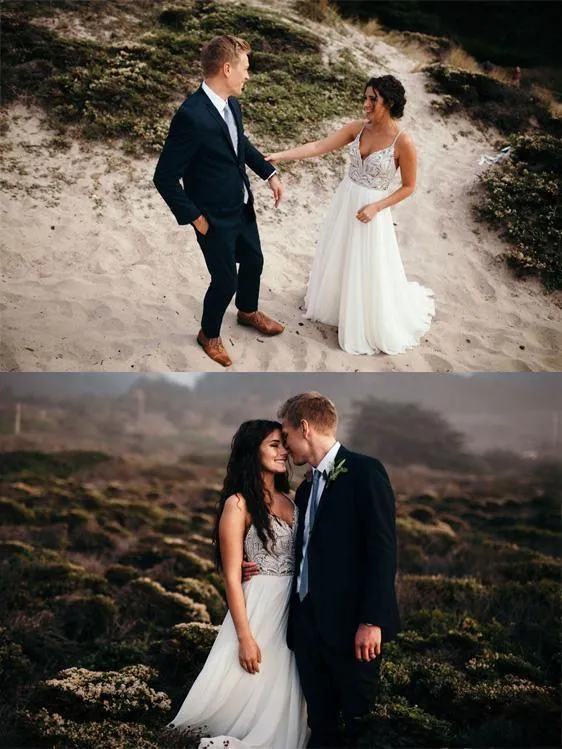 A-Line Spaghetti Straps Neckline Beach Wedding Dresses With Beaded TN269