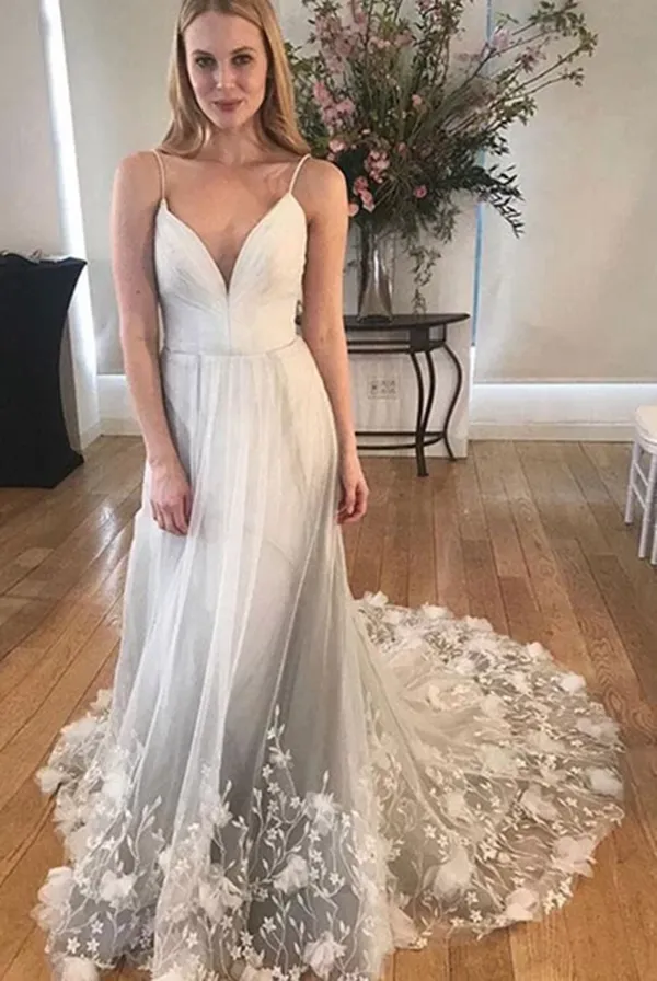 A-line Spaghetti Straps Tulle Long Prom Dresses Lace Evening Dress APP0376