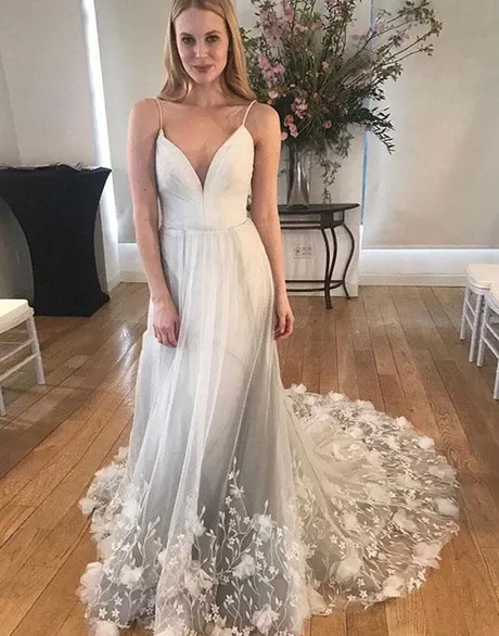 A-line Spaghetti Straps Tulle Long Prom Dresses Lace Evening Dress APP0376