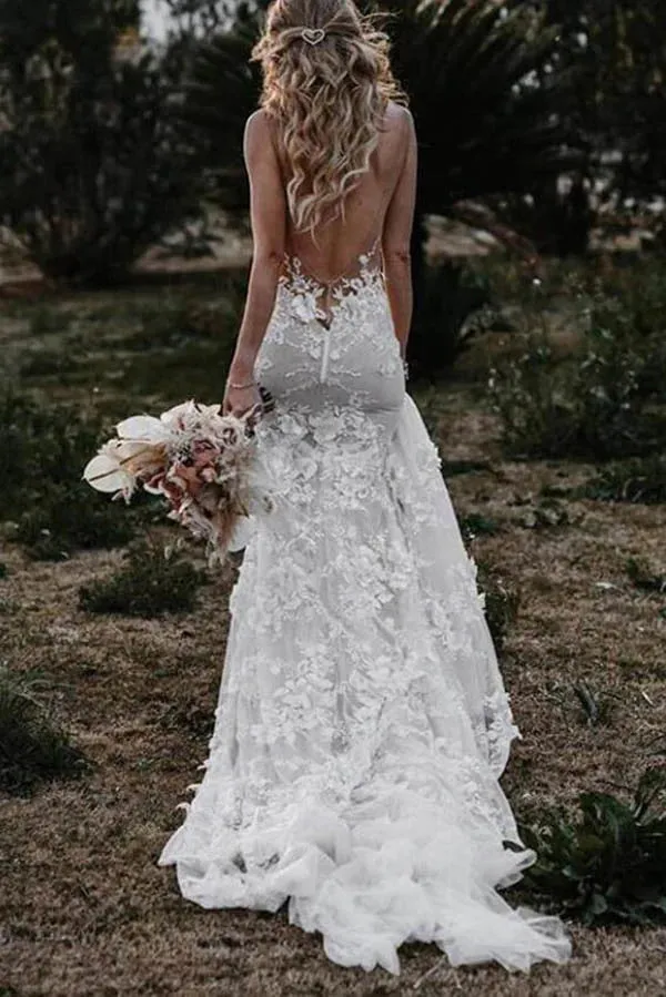 A Line Tulle Lace Mermaid V Neck Wedding Dresses, Beach Wedding Dresses OK1805