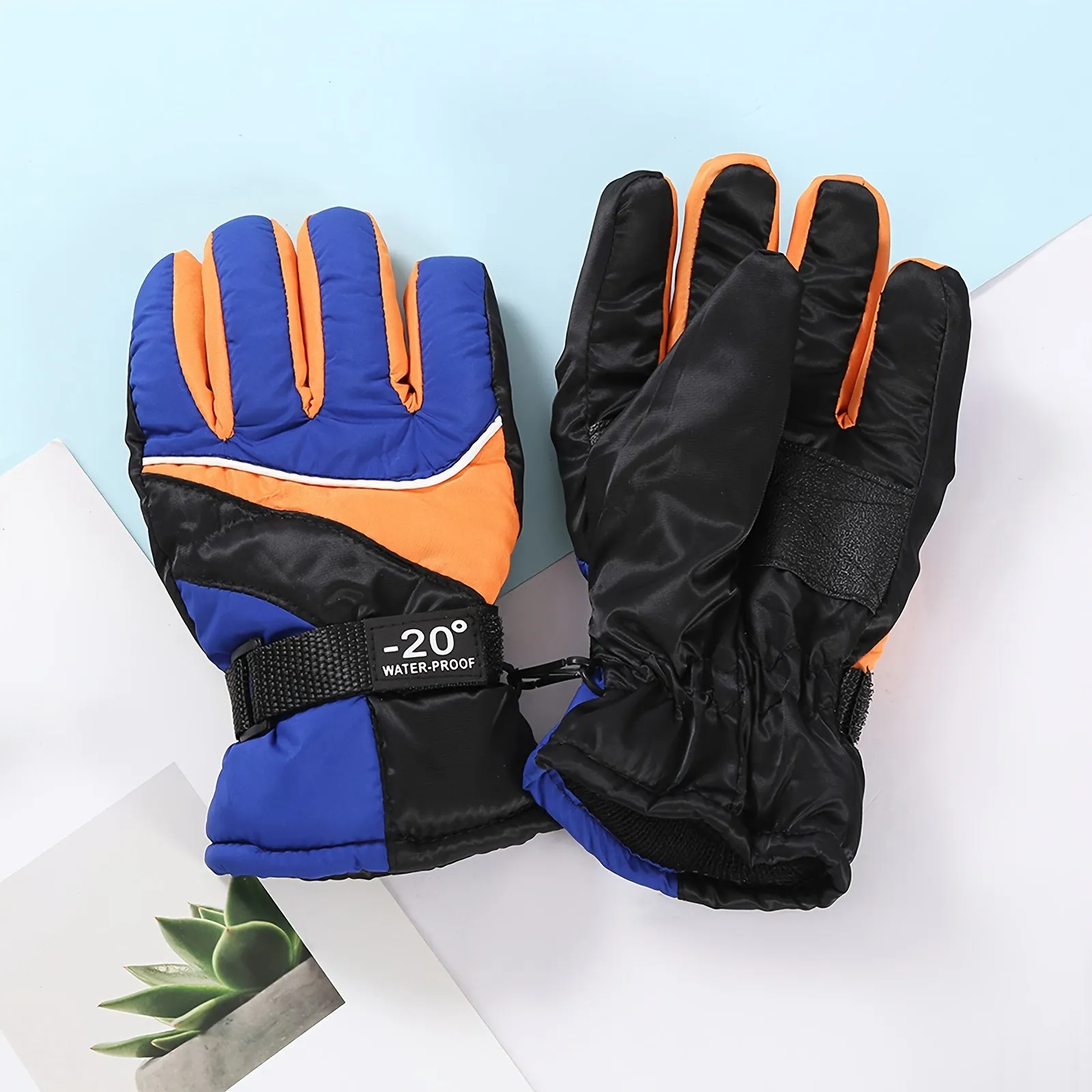 AirXing Children's Ski Gloves, Winter Thickened Warmth, Non-Slip Water-Resistant Fabric, Buckle Closure, Hand Washable, Cotton Blend, for Ages 3-6 Years - Blue