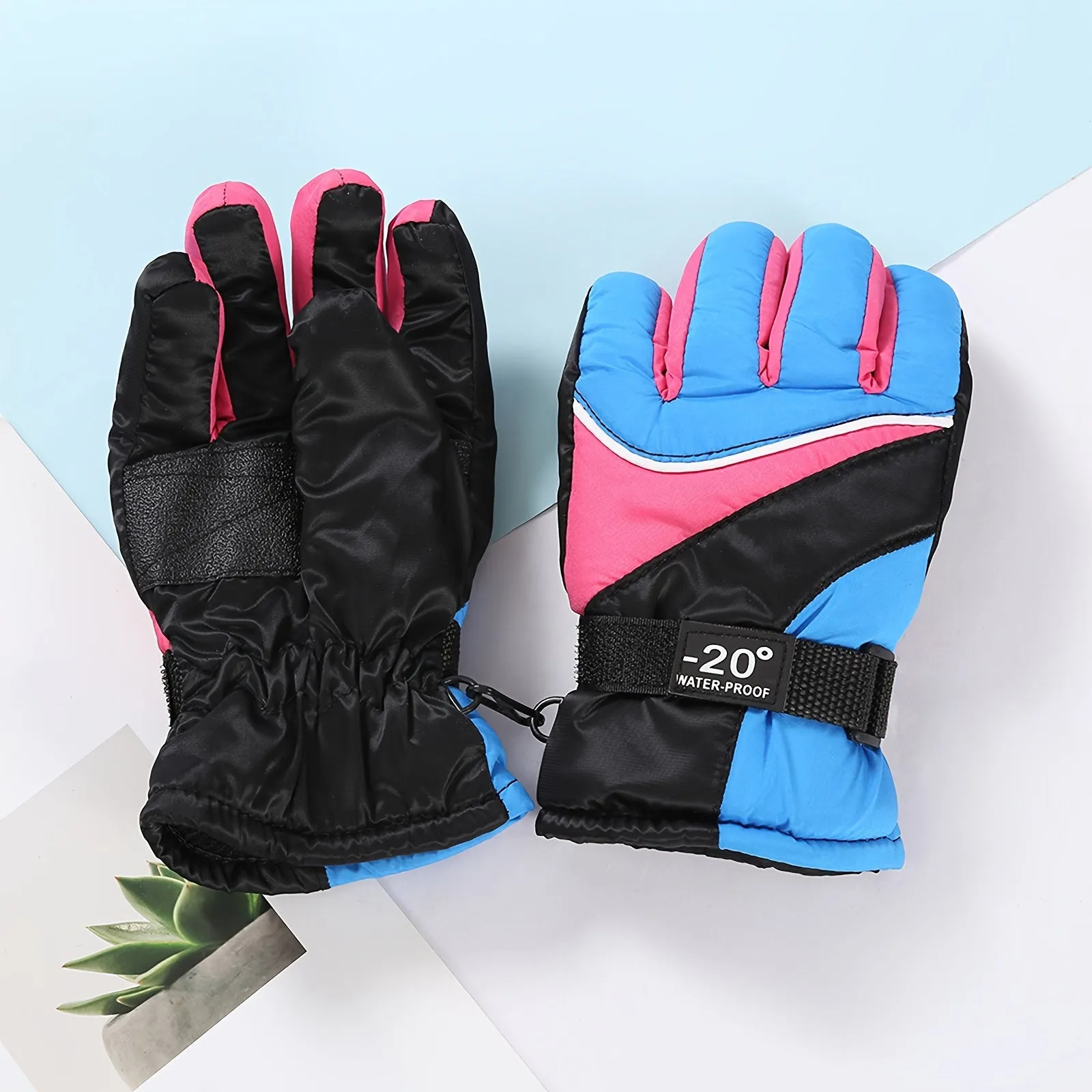 AirXing Children's Ski Gloves, Winter Thickened Warmth, Non-Slip Water-Resistant Fabric, Buckle Closure, Hand Washable, Cotton Blend, for Ages 3-6 Years - Blue