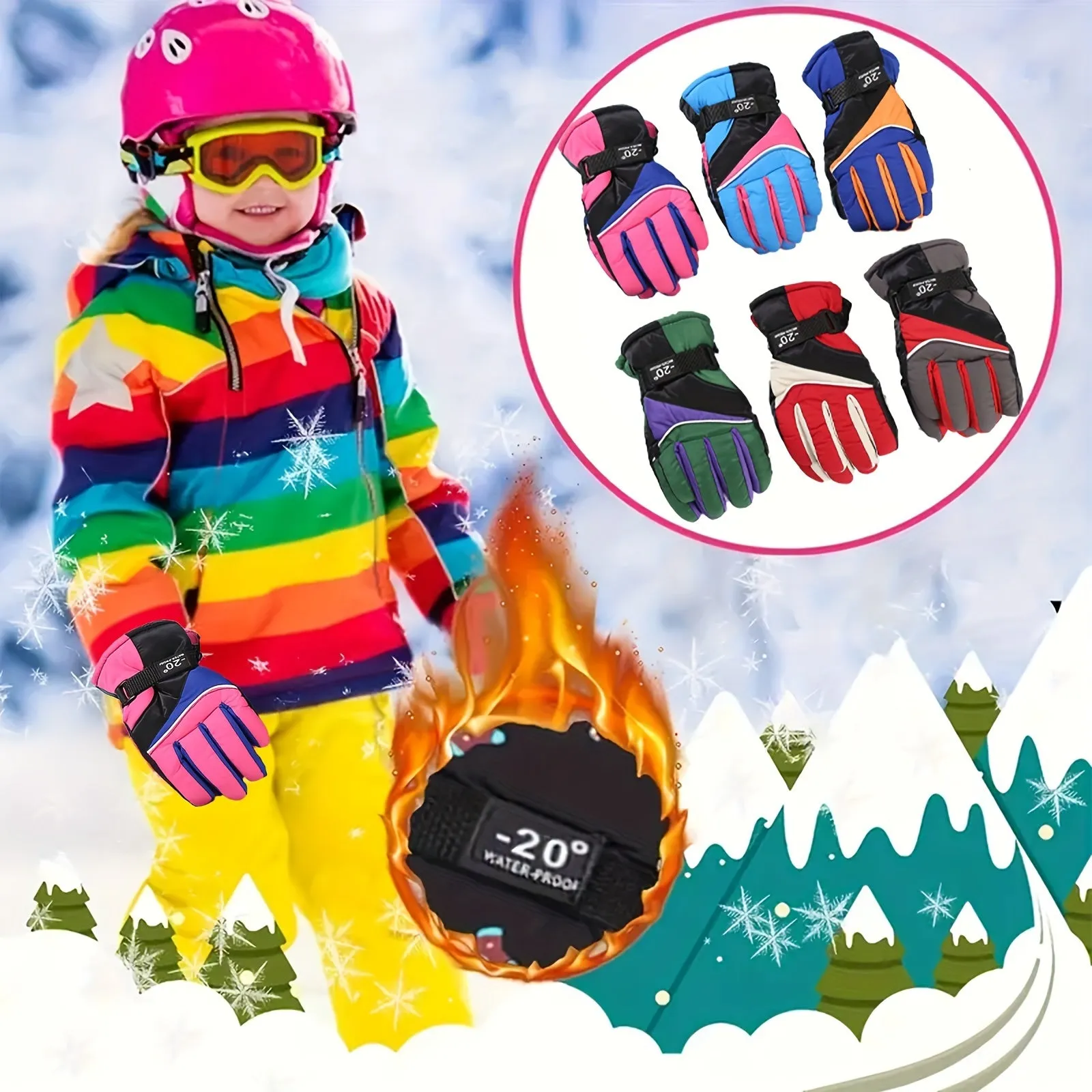 AirXing Children's Ski Gloves, Winter Thickened Warmth, Non-Slip Water-Resistant Fabric, Buckle Closure, Hand Washable, Cotton Blend, for Ages 3-6 Years - Blue