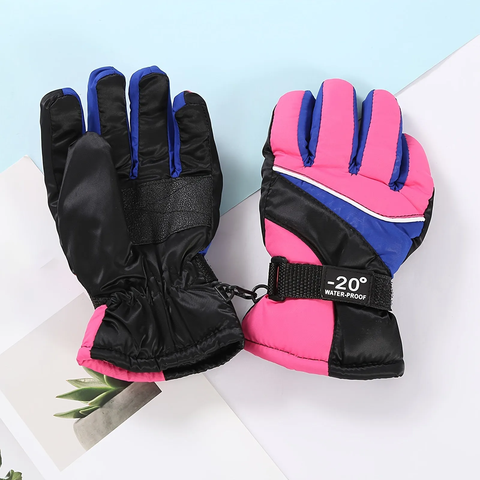 AirXing Children's Ski Gloves, Winter Thickened Warmth, Non-Slip Water-Resistant Fabric, Buckle Closure, Hand Washable, Cotton Blend, for Ages 3-6 Years - Blue