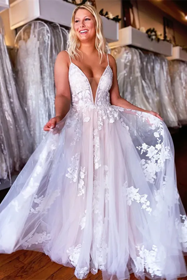 Anneprom A line Spaghetti Straps Applique Wedding Dress Backless Tulle Bridal Dress APW0390