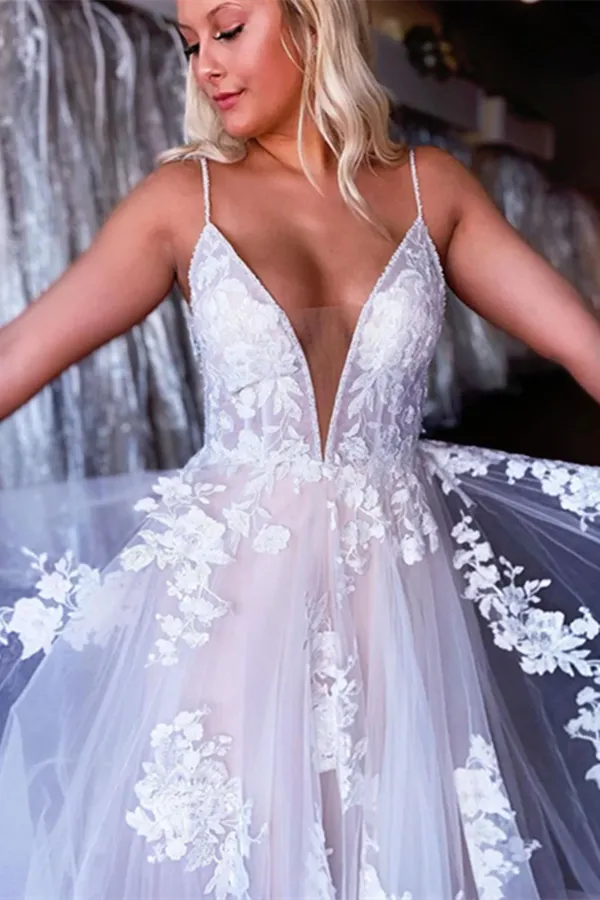 Anneprom A line Spaghetti Straps Applique Wedding Dress Backless Tulle Bridal Dress APW0390