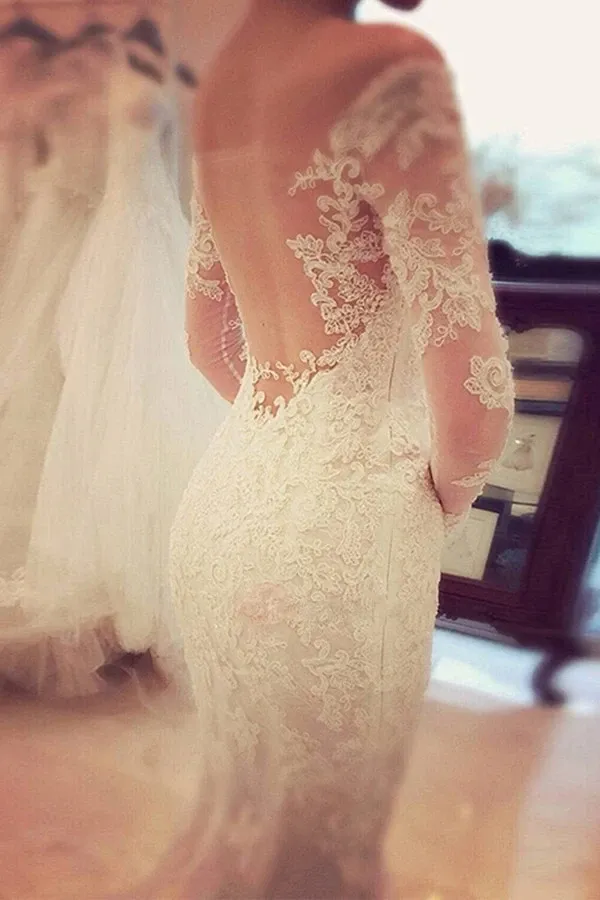 Anneprom Charming Off The Shoulder Long Sleeves Lace Mermaid Wedding Dress APW0025
