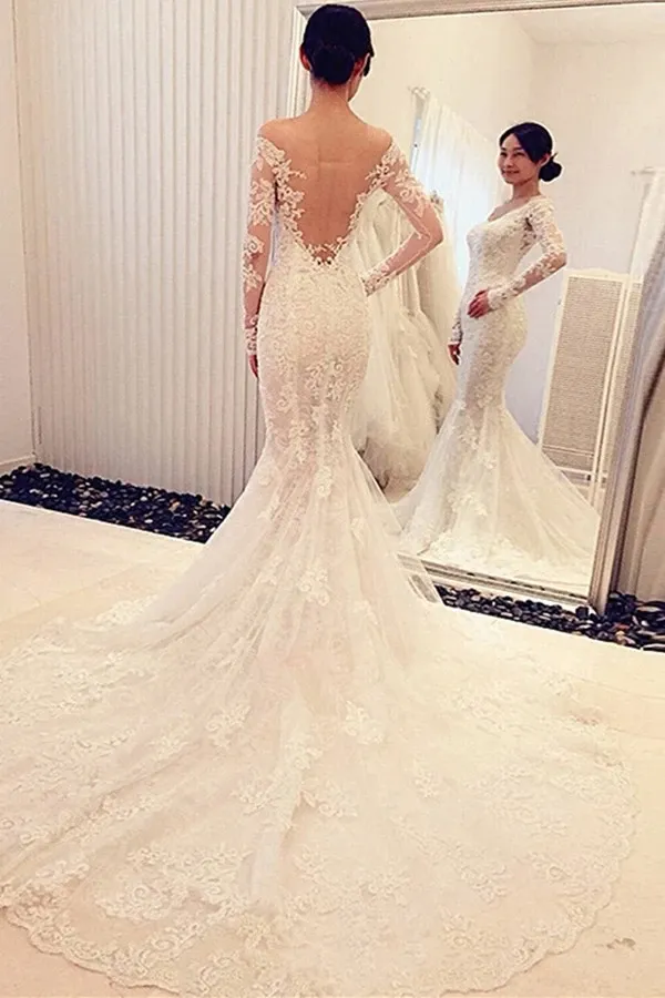 Anneprom Charming Off The Shoulder Long Sleeves Lace Mermaid Wedding Dress APW0025