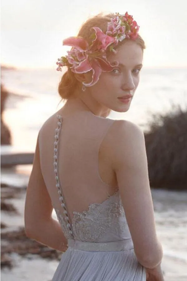 Anneprom Illusion Neckline Sheer Back Beach Lace Chiffon Wedding Dress APW0057