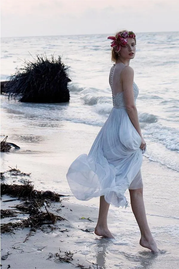 Anneprom Illusion Neckline Sheer Back Beach Lace Chiffon Wedding Dress APW0057