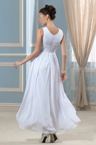 Anneprom Spring V-neck Ankle Length Wedding Dress Pleated Bodice APW0135
