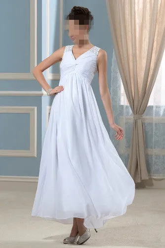 Anneprom Spring V-neck Ankle Length Wedding Dress Pleated Bodice APW0135