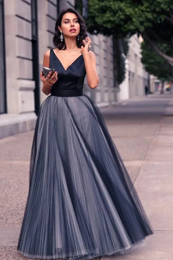 Anneprom V-Neck Sleeveless Tulle Floor Length Evening Dress Prom Dress APP0193