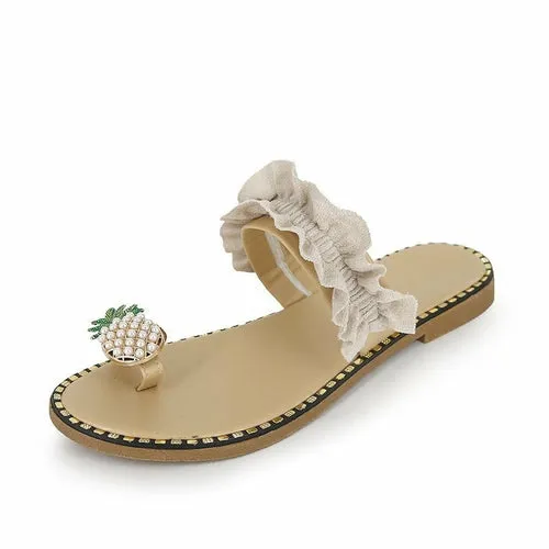 Beach slides Pineapple Pearl Beach Slides Flat Toe Casual Womens Slippers