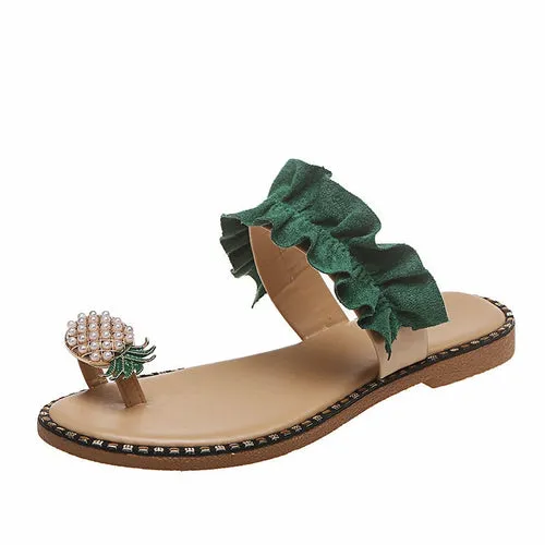 Beach slides Pineapple Pearl Beach Slides Flat Toe Casual Womens Slippers