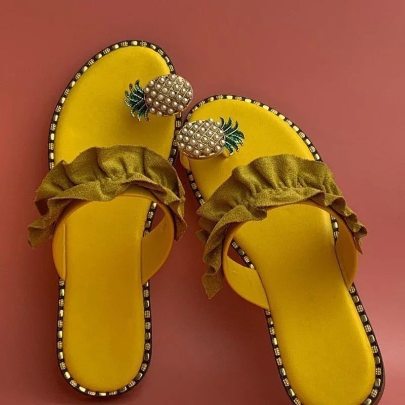 Beach slides Pineapple Pearl Beach Slides Flat Toe Casual Womens Slippers