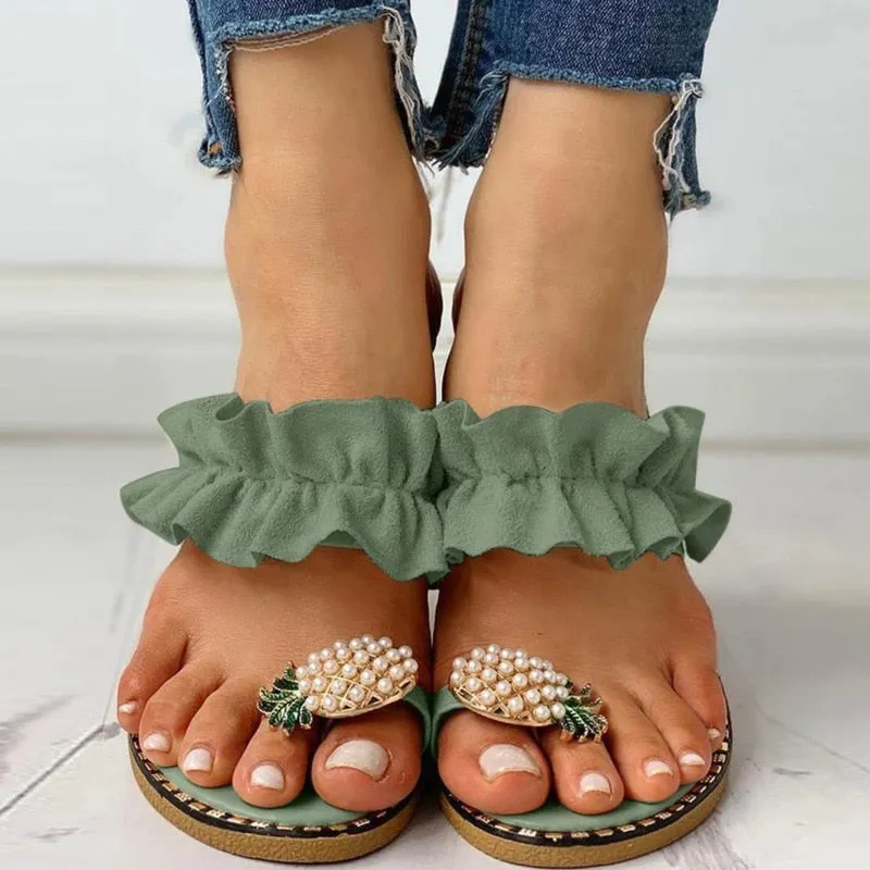 Beach slides Pineapple Pearl Beach Slides Flat Toe Casual Womens Slippers