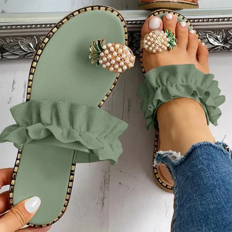 Beach slides Pineapple Pearl Beach Slides Flat Toe Casual Womens Slippers
