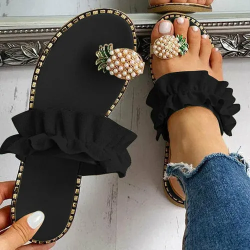 Beach slides Pineapple Pearl Beach Slides Flat Toe Casual Womens Slippers