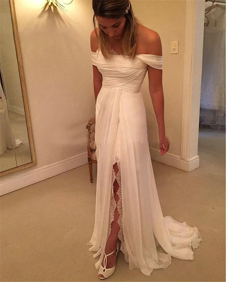 Beach Wedding Dress,Lace Evening Dress Off Shoulder,Slit Lace White Prom Dress,Off Shoulder Chiffon Slit Beach Wedding Dress