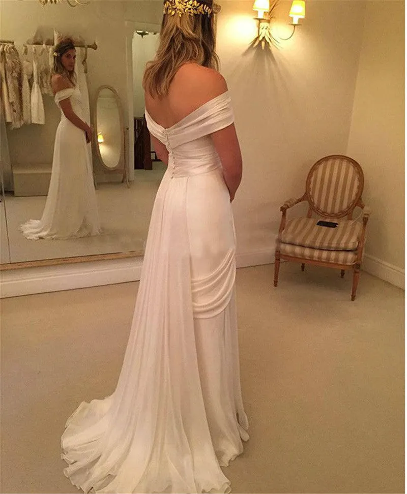 Beach Wedding Dress,Lace Evening Dress Off Shoulder,Slit Lace White Prom Dress,Off Shoulder Chiffon Slit Beach Wedding Dress