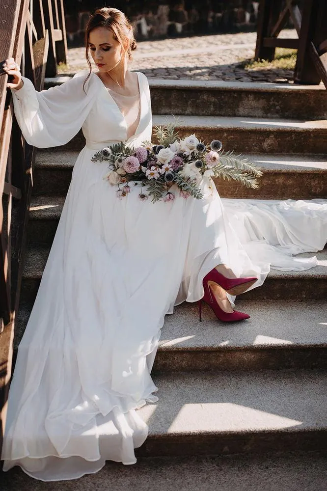 Beautiful Chiffon V Back Wedding Gowns Long Puffy Sleeves Beach Wedding Dress OK1200