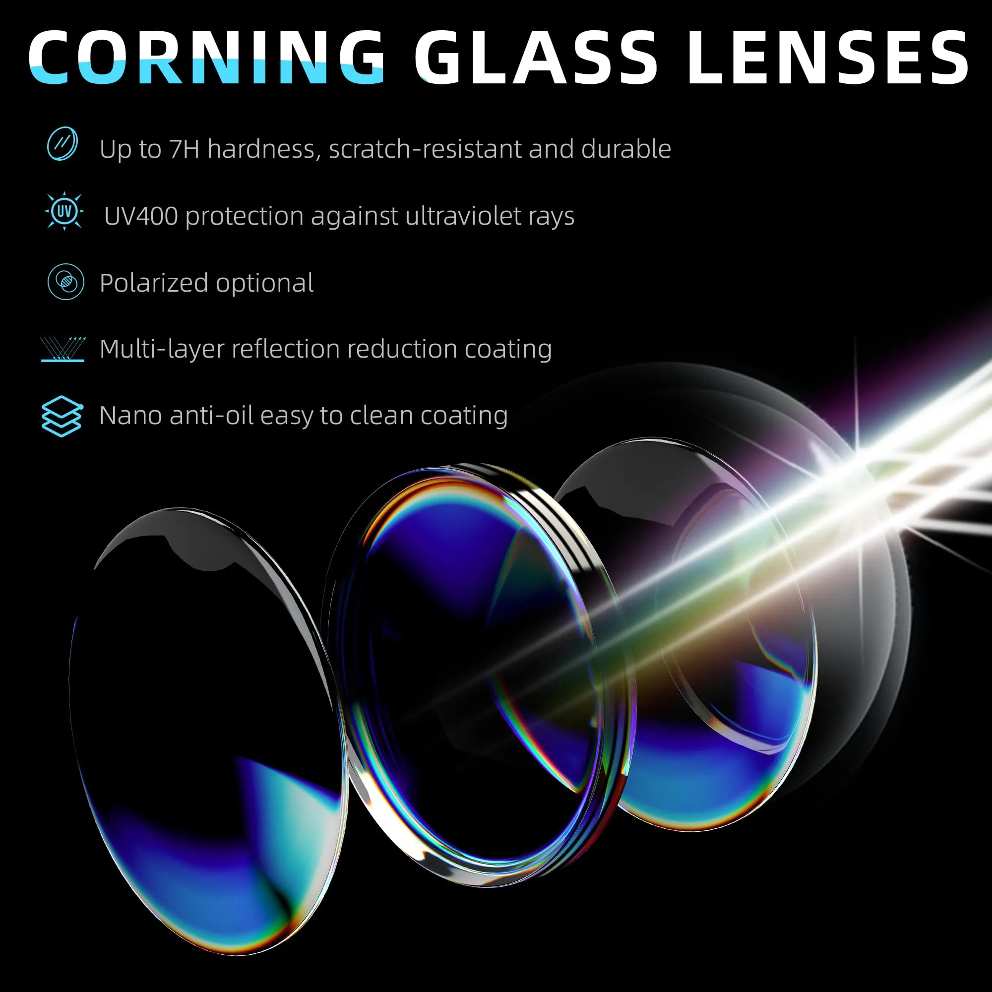 B.N.U.S Classic Unisex Sunglasses with Corning Glass Lenses, Polarized Option, Black/B-15