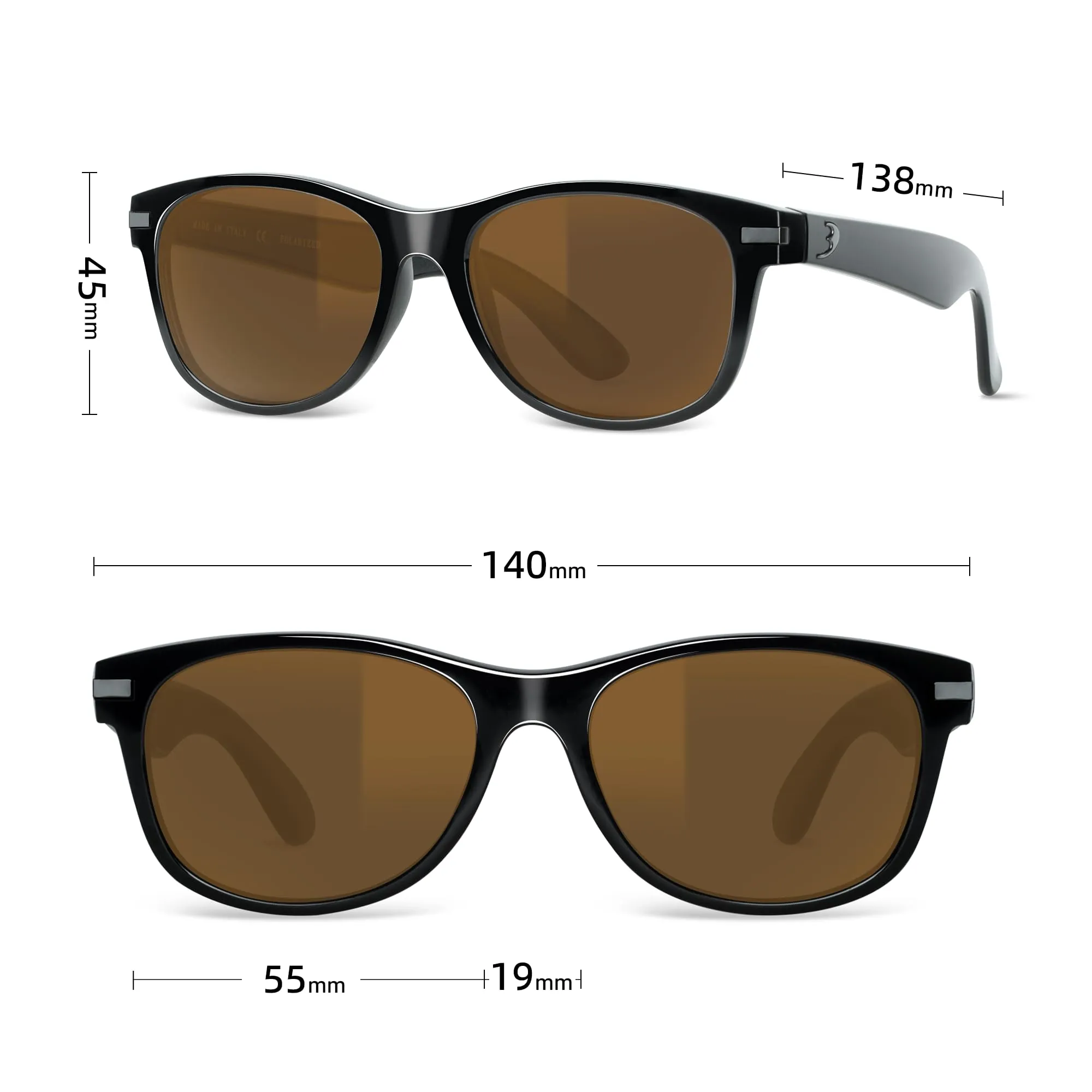 B.N.U.S Classic Unisex Sunglasses with Corning Glass Lenses, Polarized Option, Black/B-15