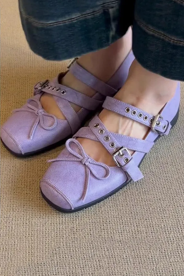 Bow Cross Strap Square Toe Ballet Flats