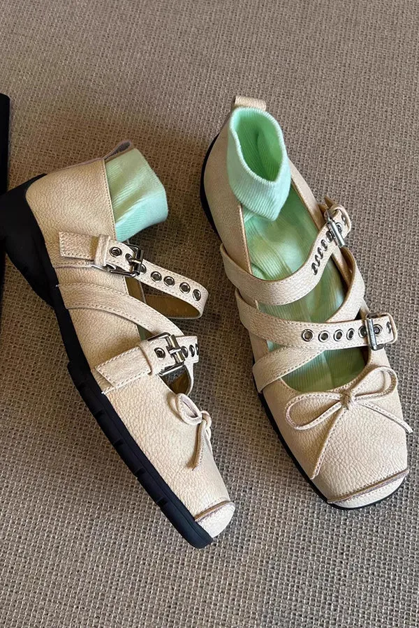 Bow Cross Strap Square Toe Ballet Flats