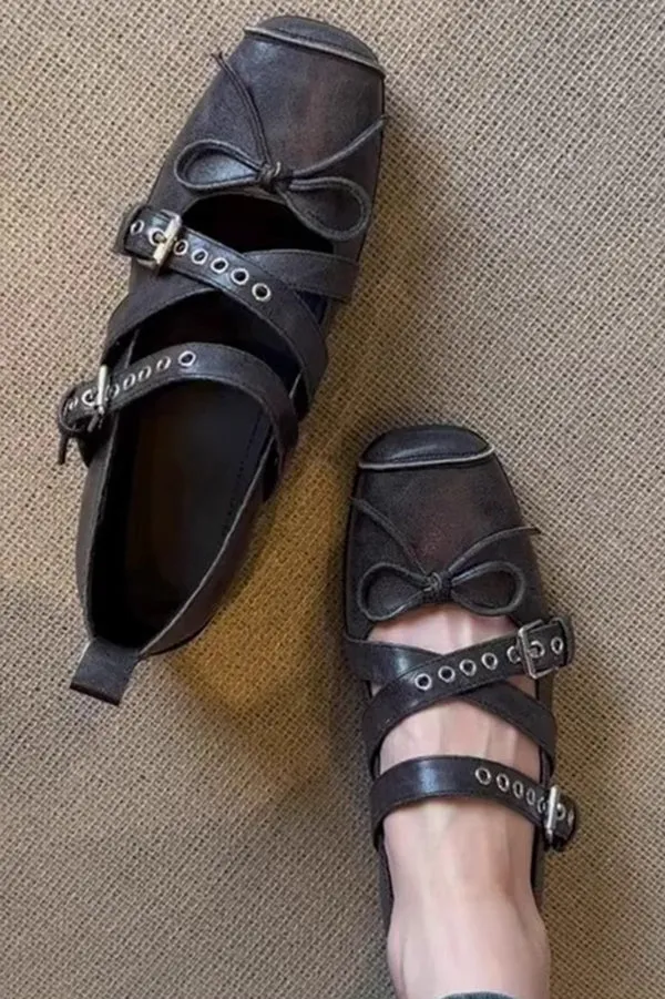 Bow Cross Strap Square Toe Ballet Flats
