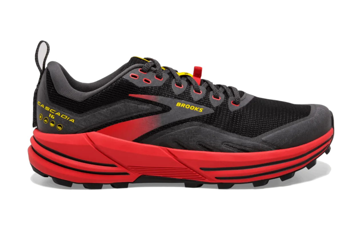 Brooks Cascadia 16 (D Width) - Black/Fiery Red/Yellow (Mens)