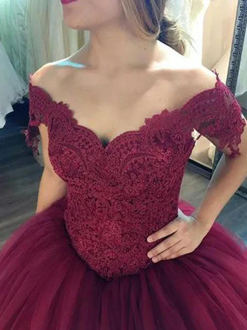 Gorgeous Burgundy Lace Ball Gowns Off Shoulder Wedding Dress with Applique, SW212