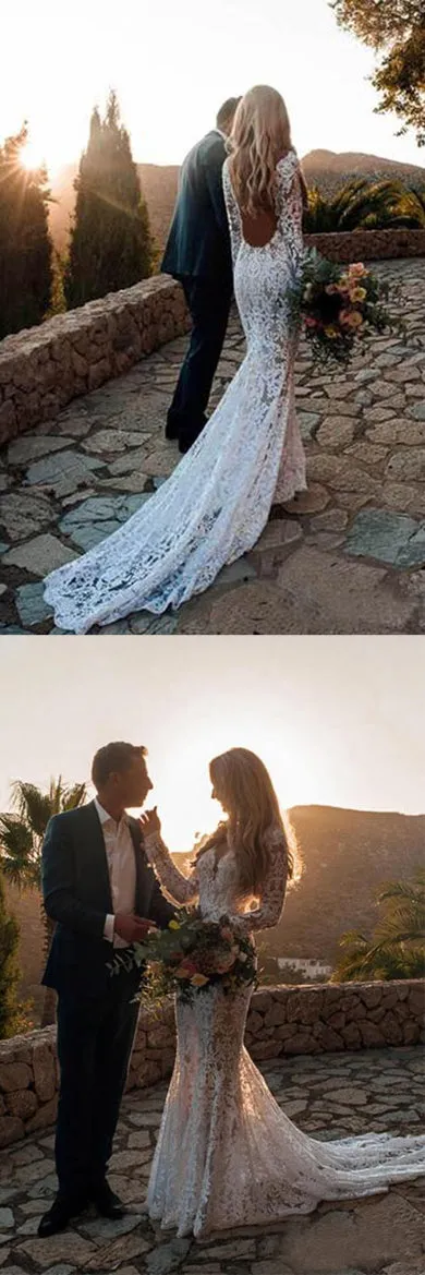 Gorgeous White Long Sleeve Lace V-neck Boho Beach Wedding Dresses, SW250
