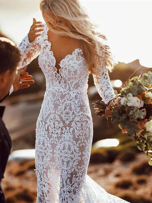 Gorgeous White Long Sleeve Lace V-neck Boho Beach Wedding Dresses, SW250