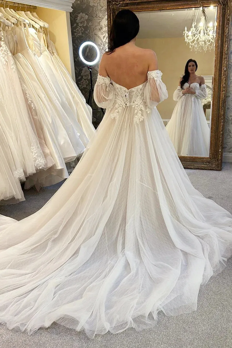 Ivory Tulle A-Line Long Wedding Dress with Balloon Sleeves TN379
