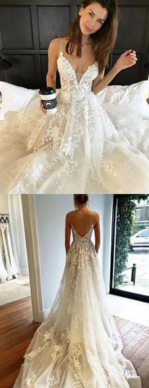Ivory/White Sweetheart Spaghetti Straps Beach Wedding Dresse with Sweep Train, MW226
