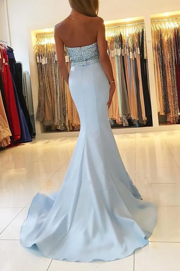 Light Blue Mermaid Sweetheart Neck Beaded Bodice Long Prom Dresses, MP268