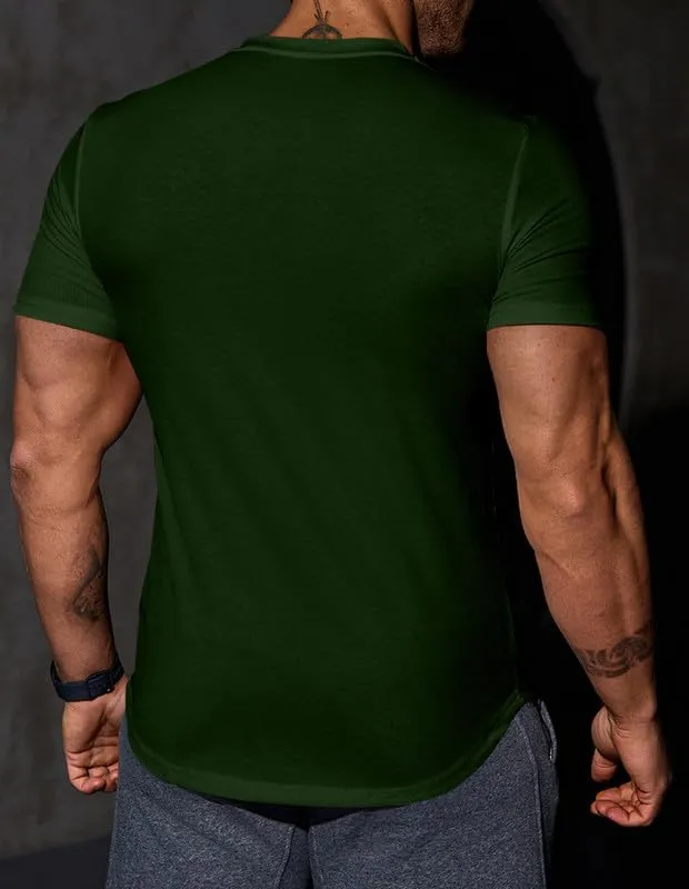 Mens Muscle Slim T Shirt V-Neck Longline Henley Shirt Gym Workout Athletic Tee Shirts