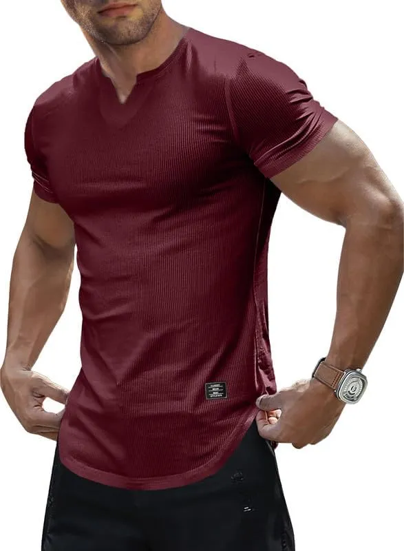 Mens Muscle Slim T Shirt V-Neck Longline Henley Shirt Gym Workout Athletic Tee Shirts