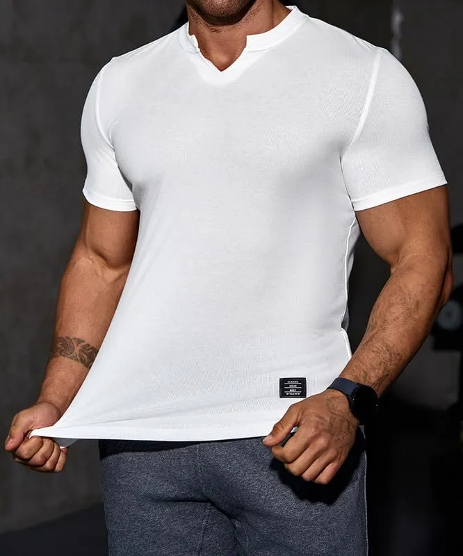 Mens Muscle Slim T Shirt V-Neck Longline Henley Shirt Gym Workout Athletic Tee Shirts