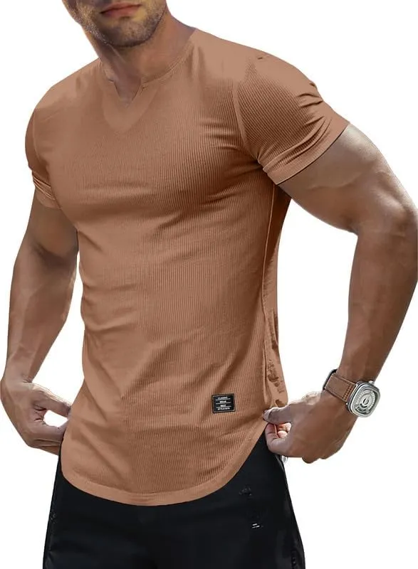 Mens Muscle Slim T Shirt V-Neck Longline Henley Shirt Gym Workout Athletic Tee Shirts