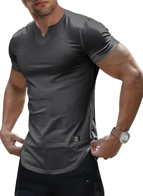 Mens Muscle Slim T Shirt V-Neck Longline Henley Shirt Gym Workout Athletic Tee Shirts