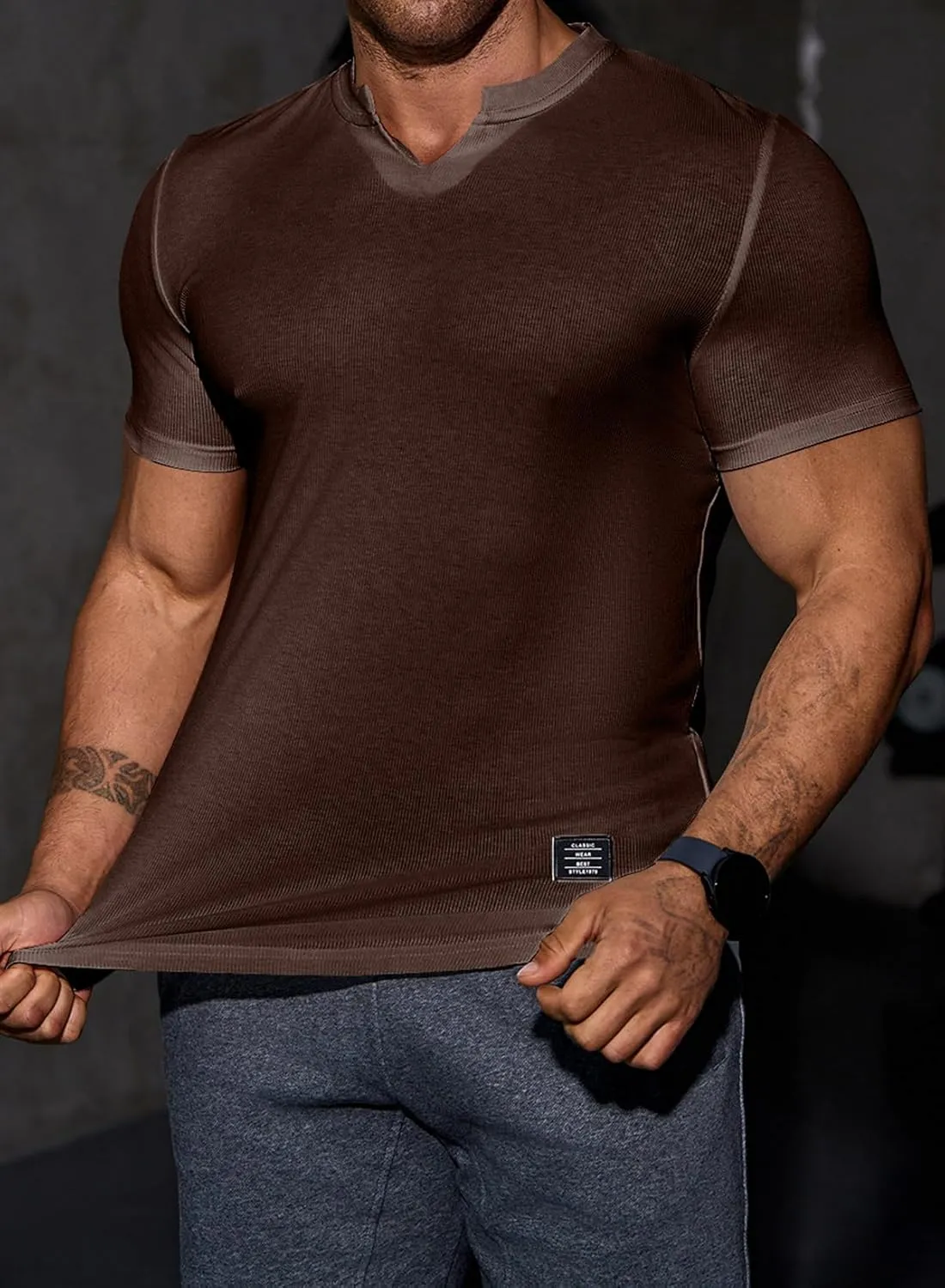 Mens Muscle Slim T Shirt V-Neck Longline Henley Shirt Gym Workout Athletic Tee Shirts