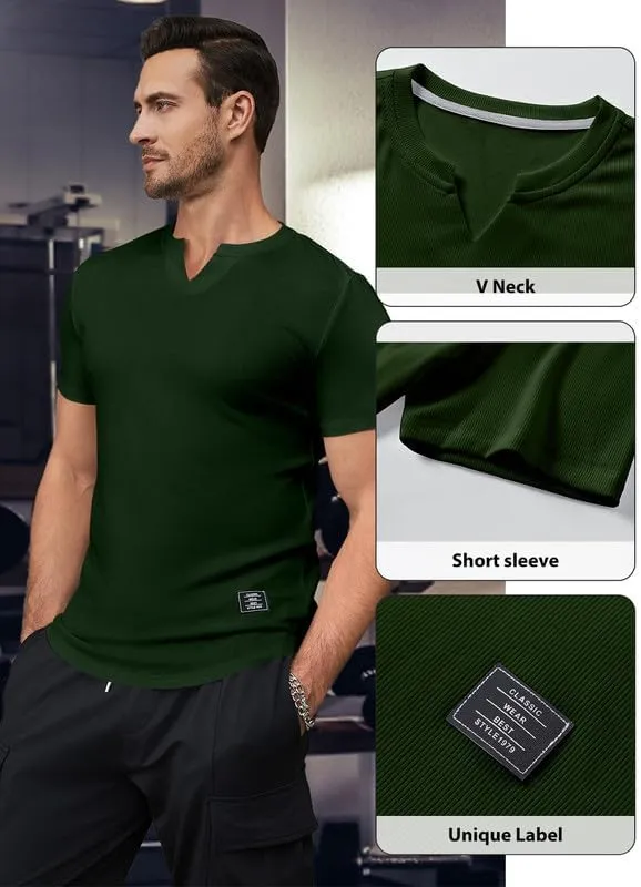 Mens Muscle Slim T Shirt V-Neck Longline Henley Shirt Gym Workout Athletic Tee Shirts